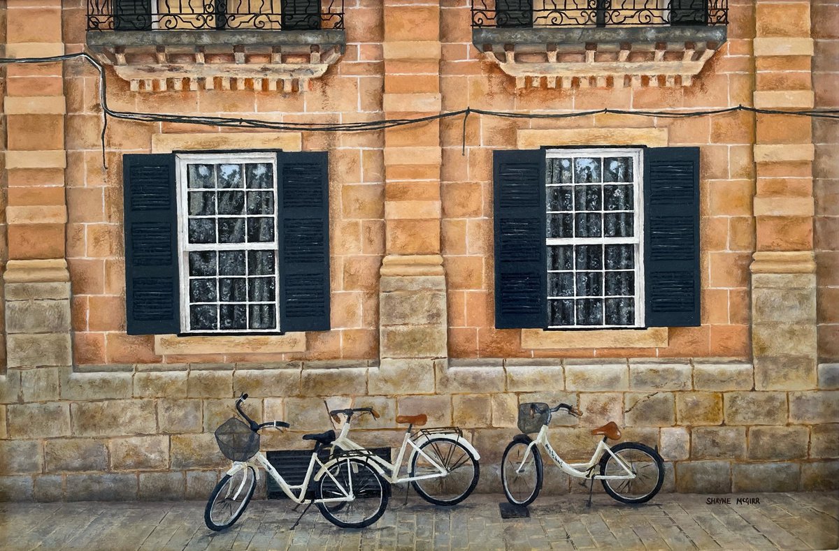 Impressionistic Cityscapes Oil Painting By Shayne Mcgirr, 22 X 16", White Cycles, Ciutadalla, Original Artwork