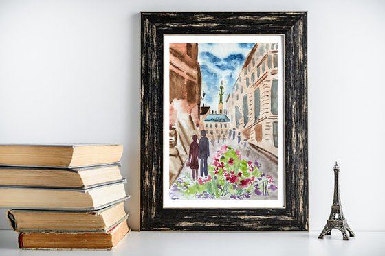 Lviv Painting Couple Original Art Ukraine Small Watercolor Cityscape Artwork 8 by 12 inches by Halyna Kirichenko
