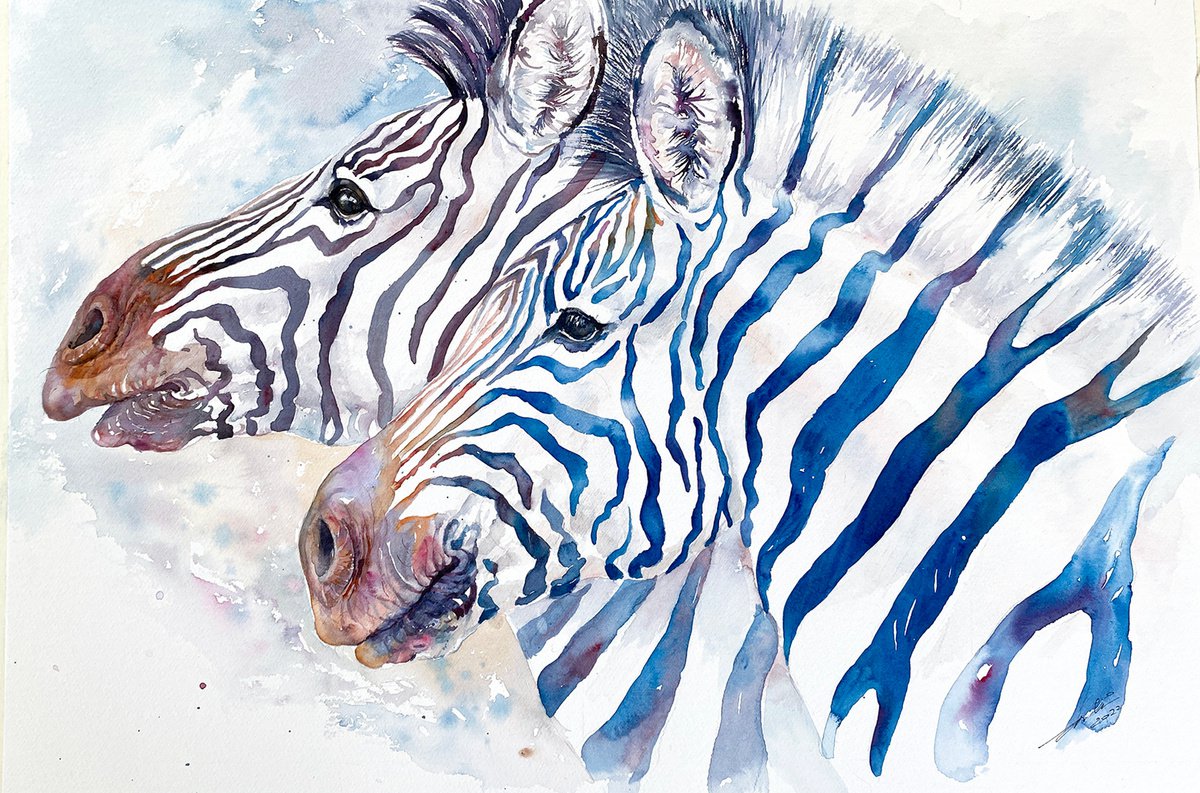 Impressionistic Animal Watercolour By Arti Chauhan, 22 X 15, Happy Together_Zebras, Original Artwork