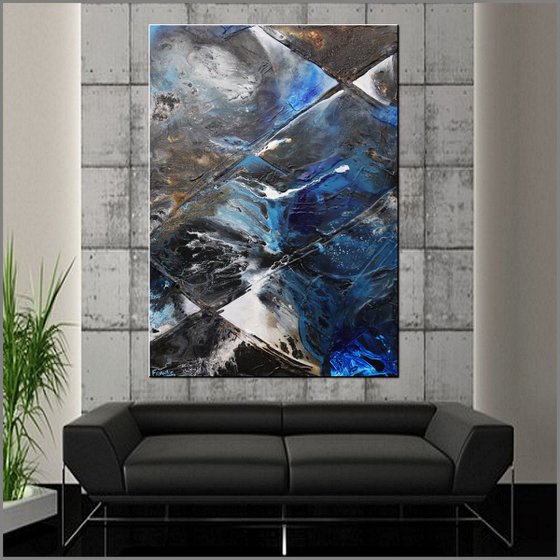 Ink Clash 140cm x 100cm Blue Black Textured Abstract Art