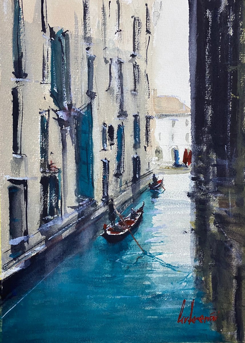 Impressionistic Cityscapes Watercolour By Tihomir Cirkvencic, 10 X 14", Venice Scene Ii, Italy, Original Artwork