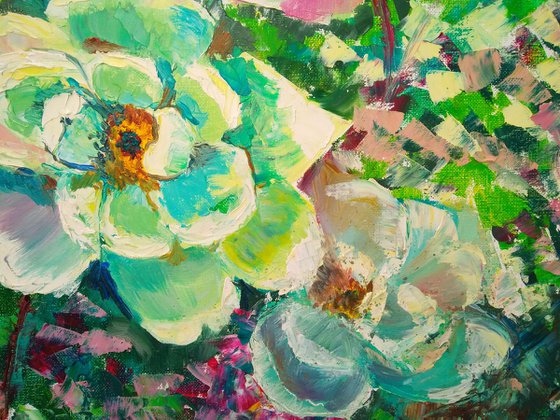 White rose hip, Wild Rose Painting Flower Original Art Abstract Floral Artwork 50x35 cm, ready to hang.