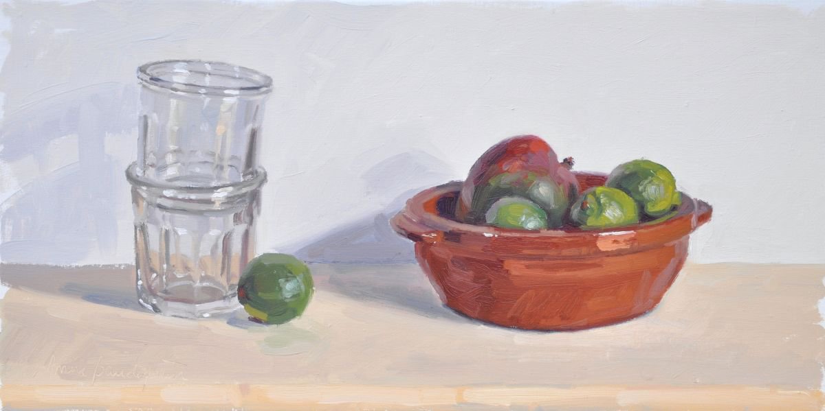 Limes and mango in an earthenware dish, jam jars by ANNE BAUDEQUIN
