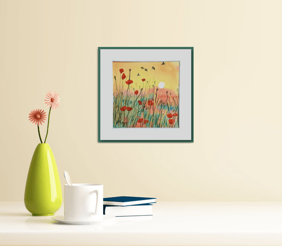 Poppies in the Sun - mounted watercolour, small gift idea