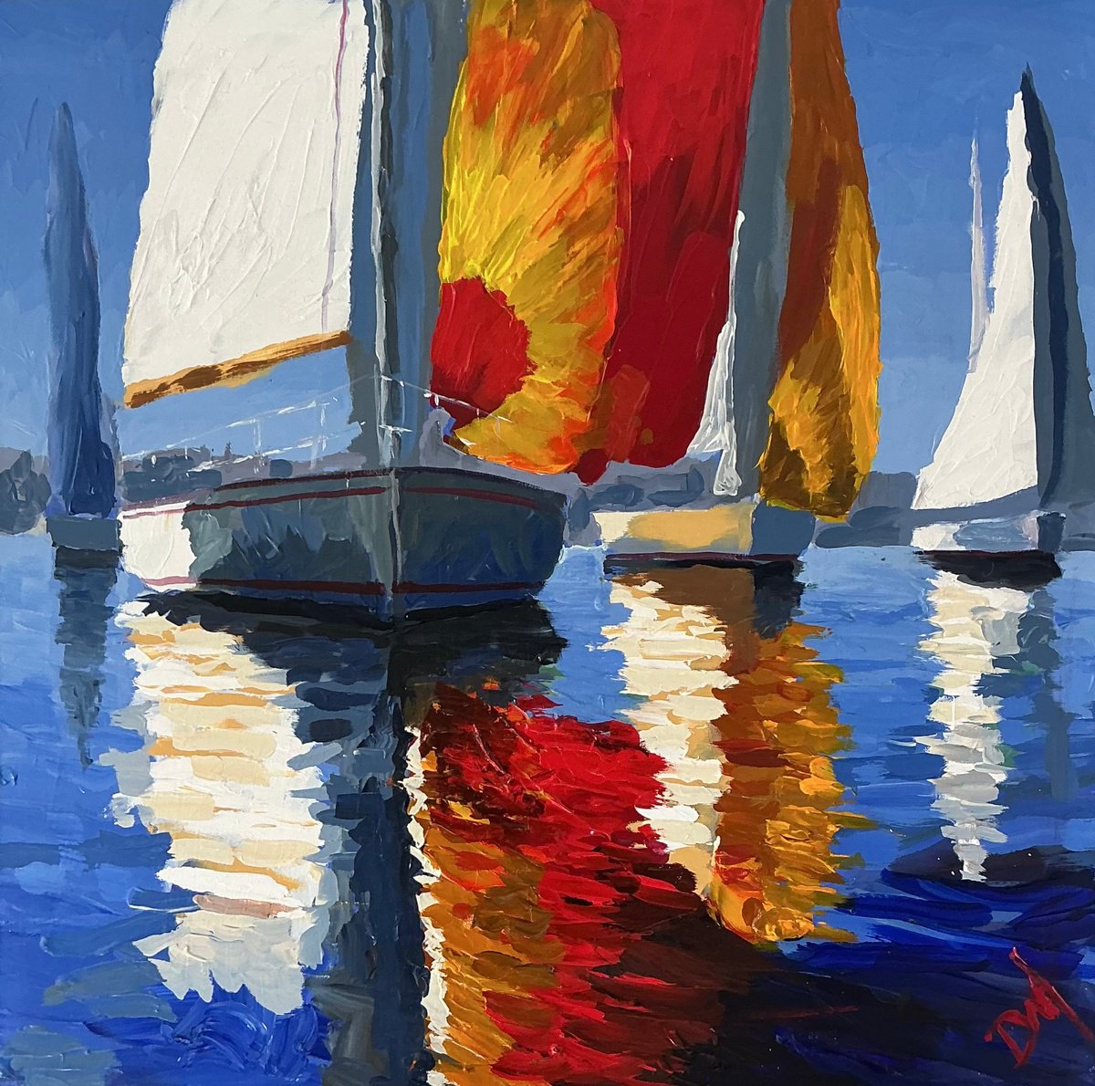 Impressionistic Landscape Acrylic Painting By Daniel Murgatroyd, 31 X 31, Sailing Hues In Crimson, Gold And White, Artfinder