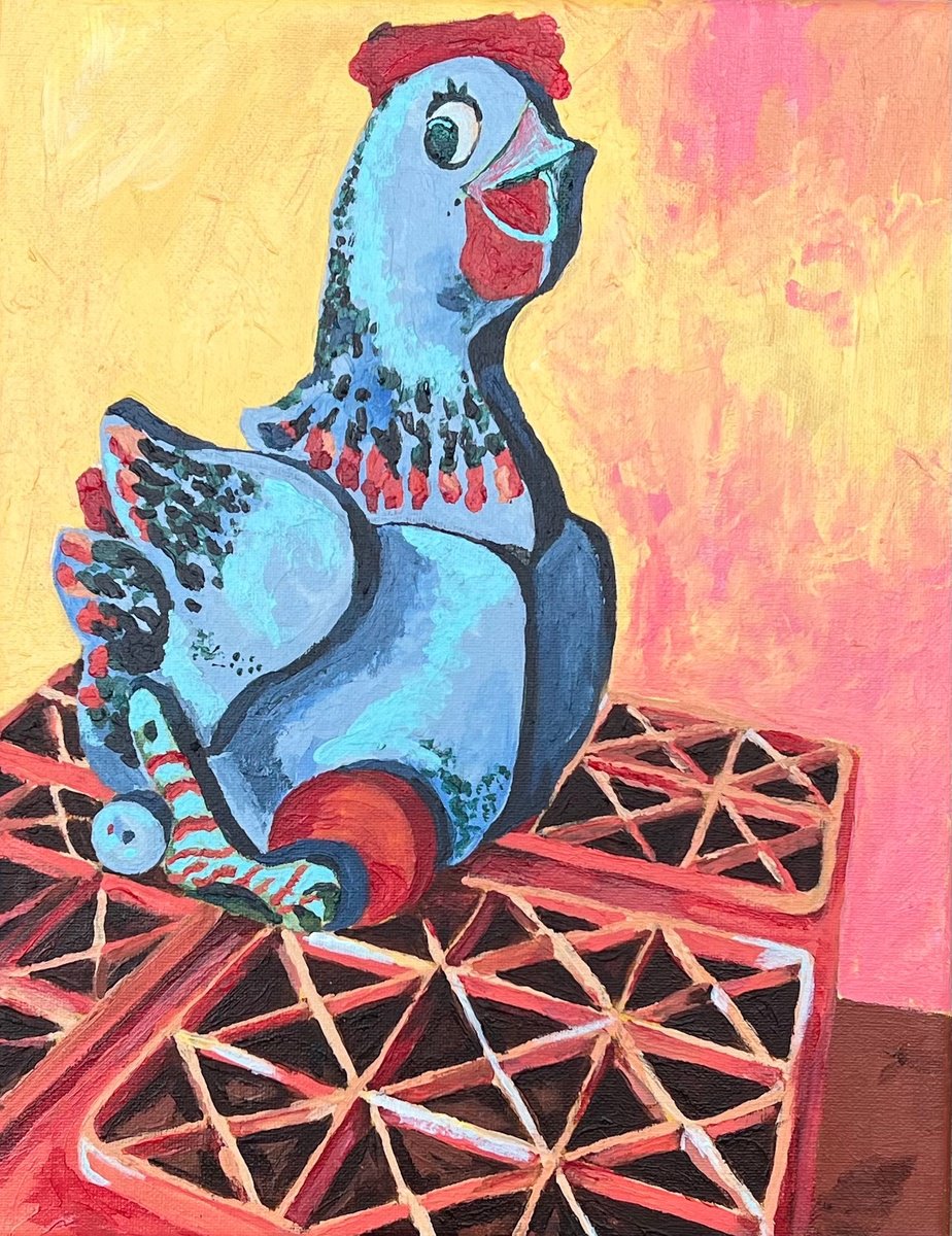 Still Life Acrylic Painting By Heather Kostal, 11 X 14, Wooden Chicken, Original Artwork