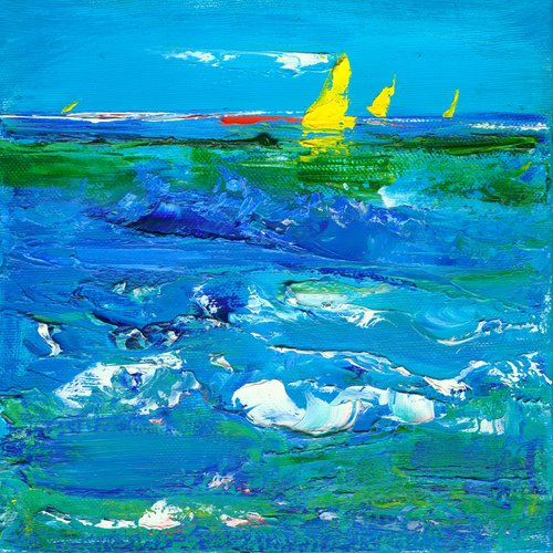 Yellow sailboats on the sea on a summer sunny day by Anna Miklashevich