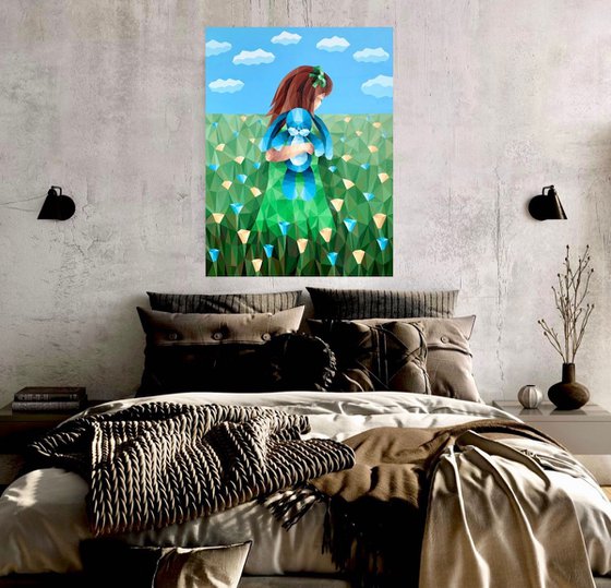 GIRL IN A FLOWER FIELD WITH A BLUE RABBIT