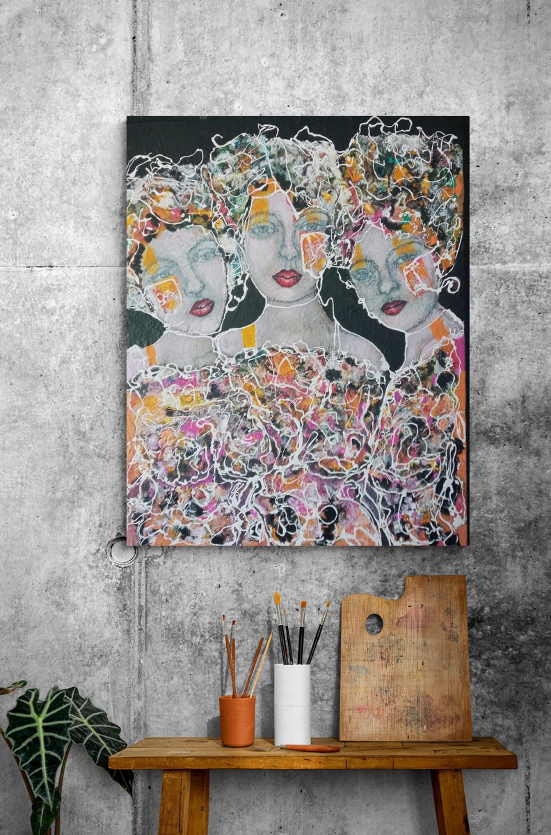 Abstract Portrait Acrylic Painting By Sylvie Oliveri, 29 X 37", The 3 Friends For Ever.., Original Artwork