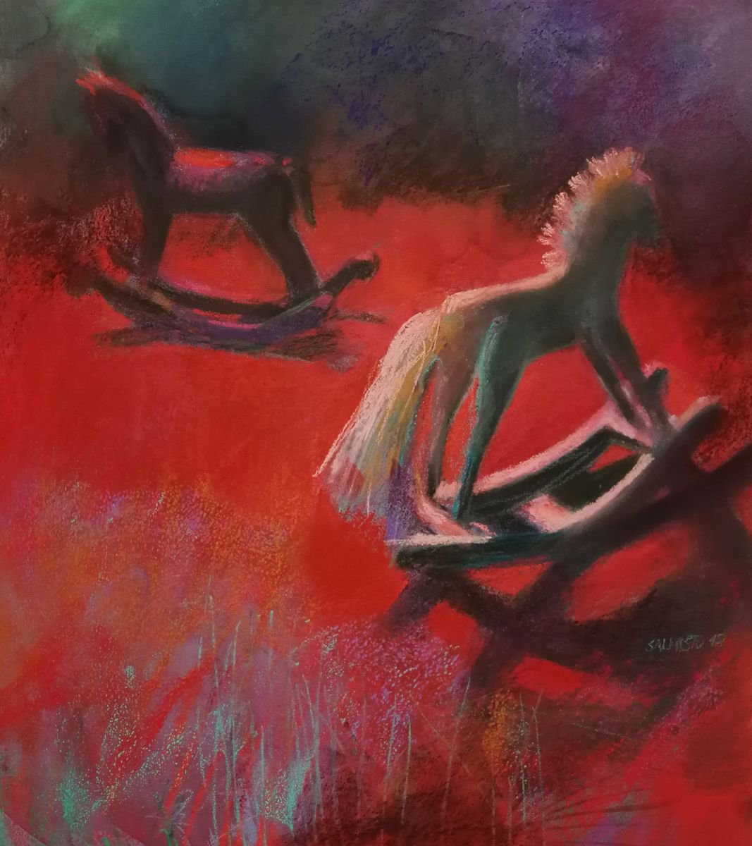 Impressionistic Still Life Pastel Drawing By Silja Salmistu, 16 X 18", Rocking Horses, Original Artwork