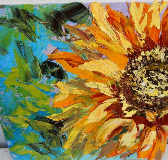 Sunflower,  Impasto oil painting. Palette knife, heavy textured art