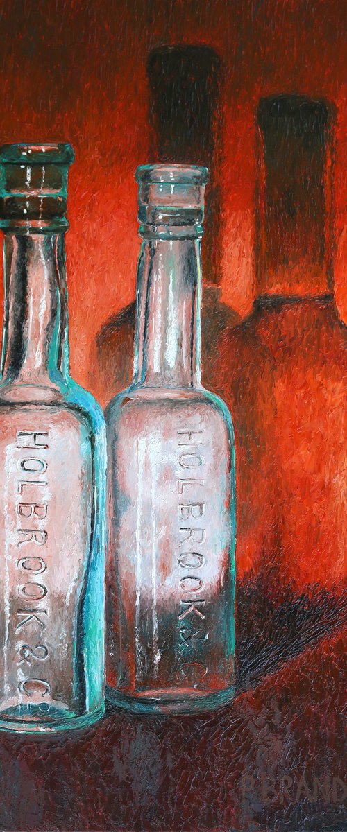 Vintage bottles on red background by Paul Brandner