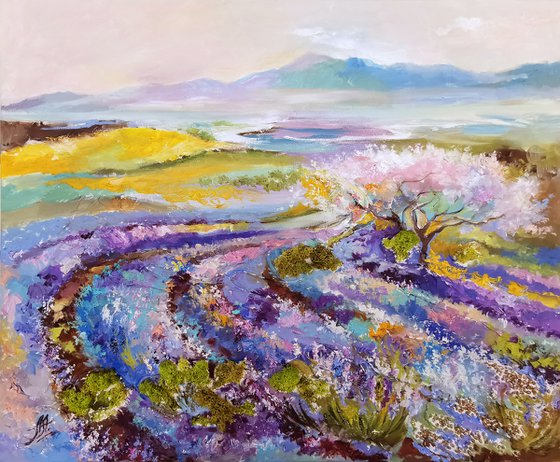 Landscape Oil Painting, Lavender field painting on canvas