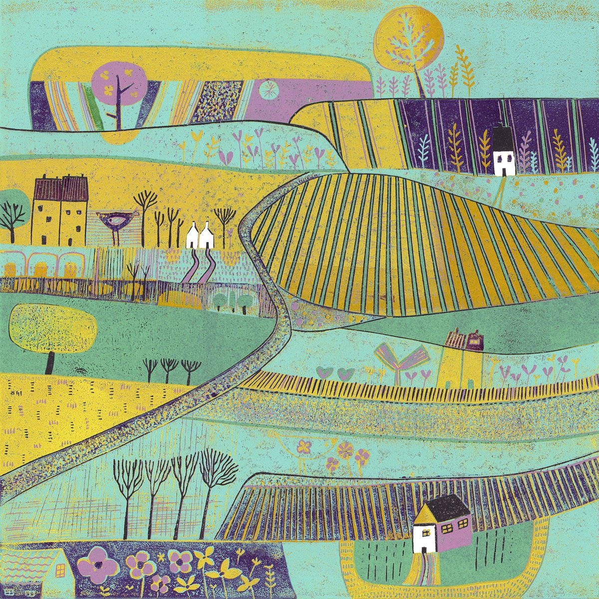 Illustrative Landscape Linocut By Layla Khani (Aka Laylart), 15 X 15", 