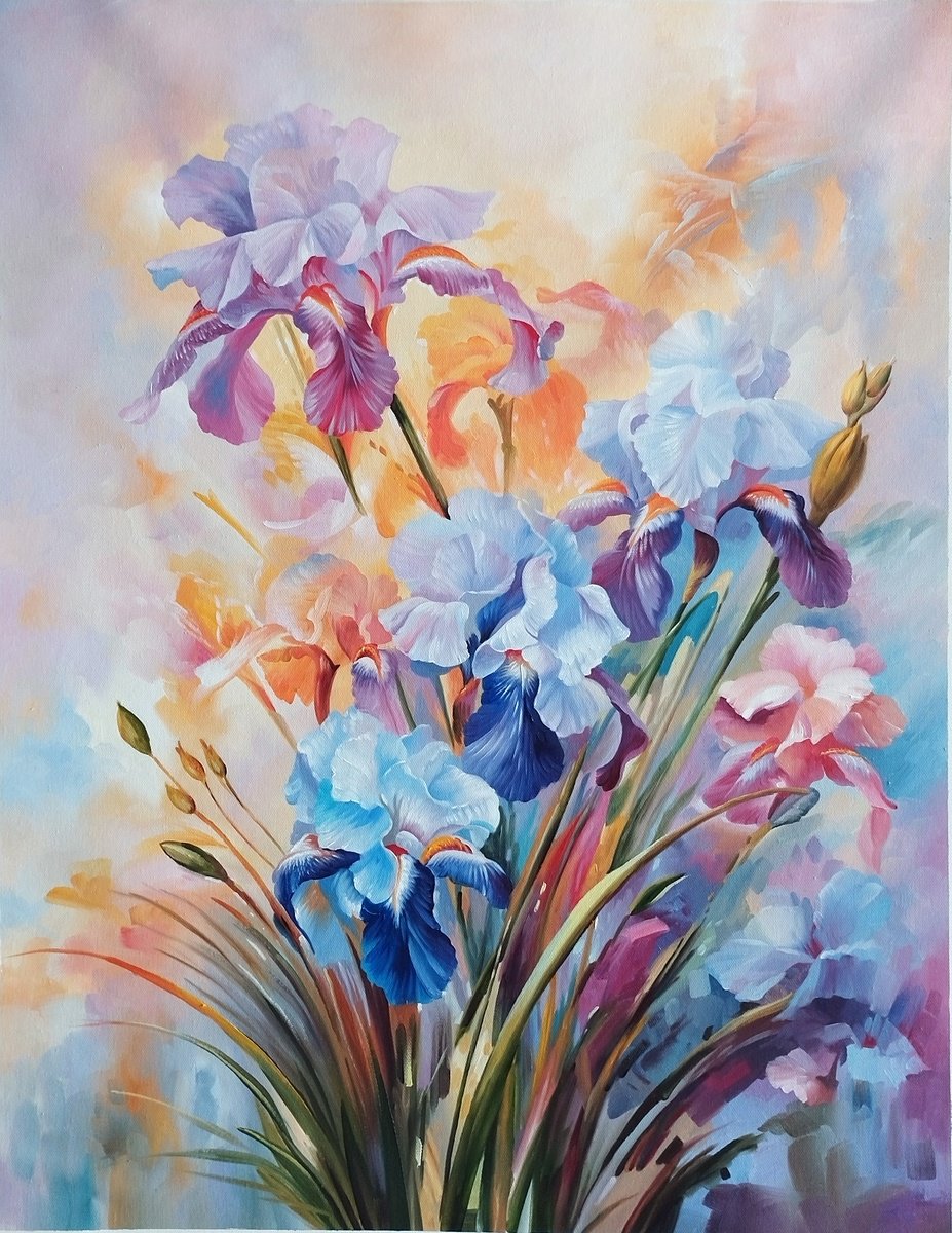 Impressionistic Botanical Oil Painting By Kunlong Wang, 24 X 31", Beautiful Flowers T251, Original Artwork
