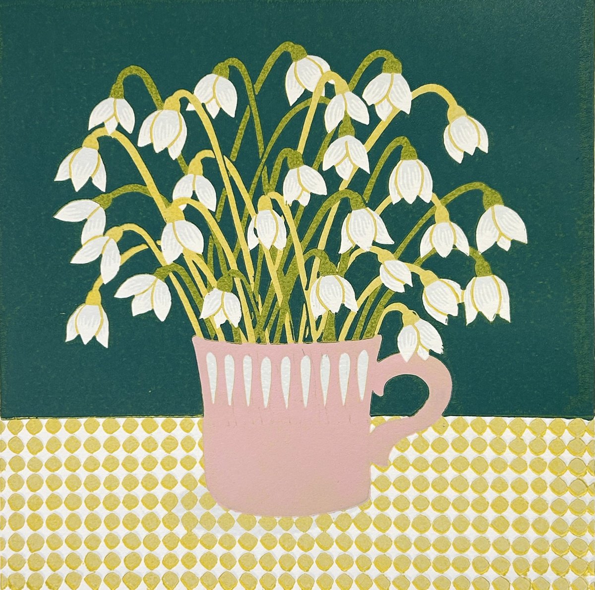 Illustrative Linocut , Snowdrops In A Cup By Nathalie Pymm Art, 12 X 12, Artwork For Sale On Artfinder