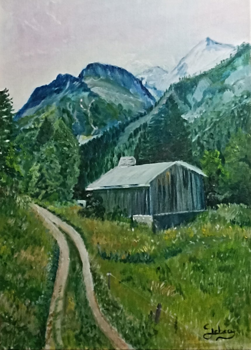 Impressionistic Landscape Oil Painting By Isabelle Lucas, 13 X 18, House In The Mountain, Original Artwork