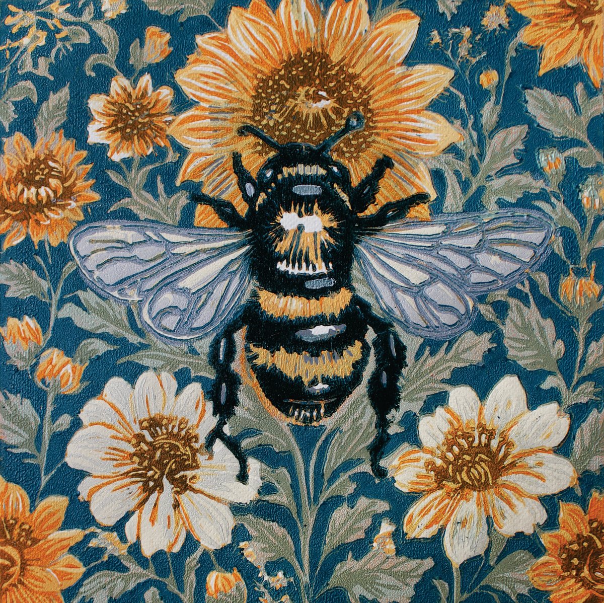 Animal Linocut By Jennie Smallenbroek, 11 X 11, Bumblebee, Original Artwork