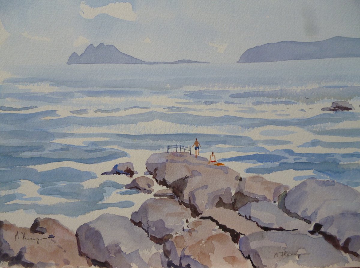 Expressive Landscape Watercolour By Maire Flanagan, 13 X 10", Swimming At High Rock, Original Artwork
