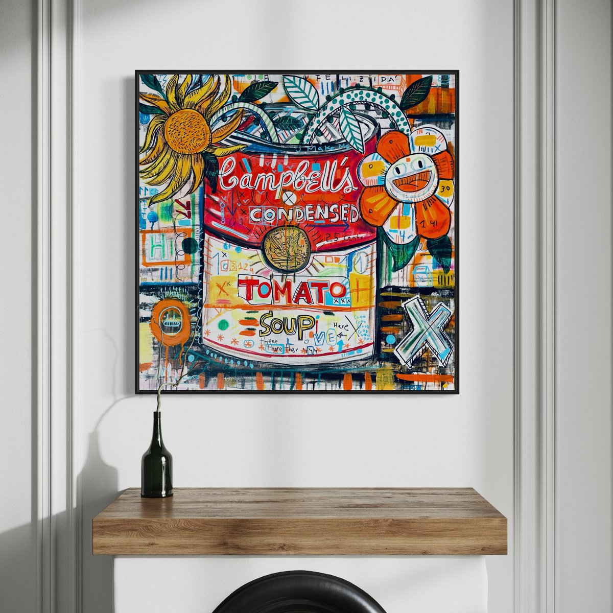 Urban And Pop Animal Acrylic Painting By Mercedes Lagunas, 31 X 31", Flores En Lata, Original Artwork