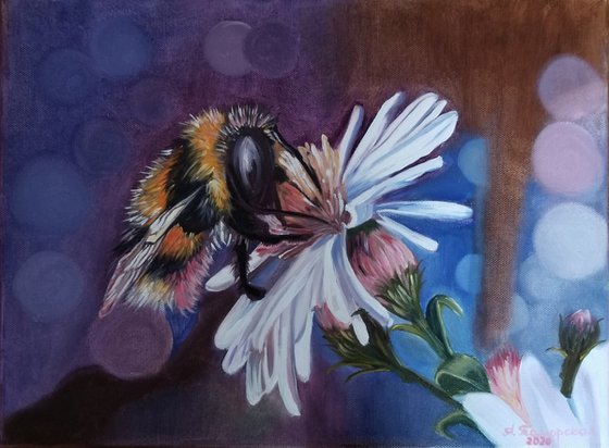 Summer is Coming! Bumblebee on a Pink Flower. Original Oil Painting on Canvas. 12" x 16". 30,8 x 40,6 cm
