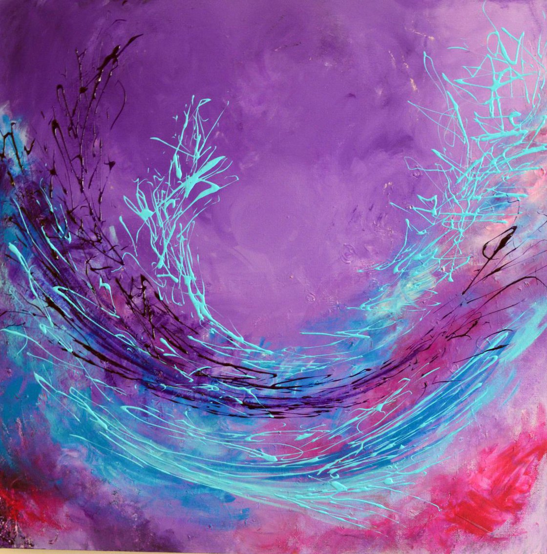 Blue and Purple Waves Abstract Original Acrylic Pour Painting, 9 x 12,  Fluid Art Painting