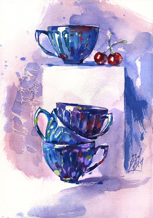 "Four pearl cups" brightly coloured sketch by Ksenia Selianko