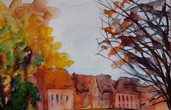 Bruges watercolour painting, Brugge cityscape wall art, Belgium