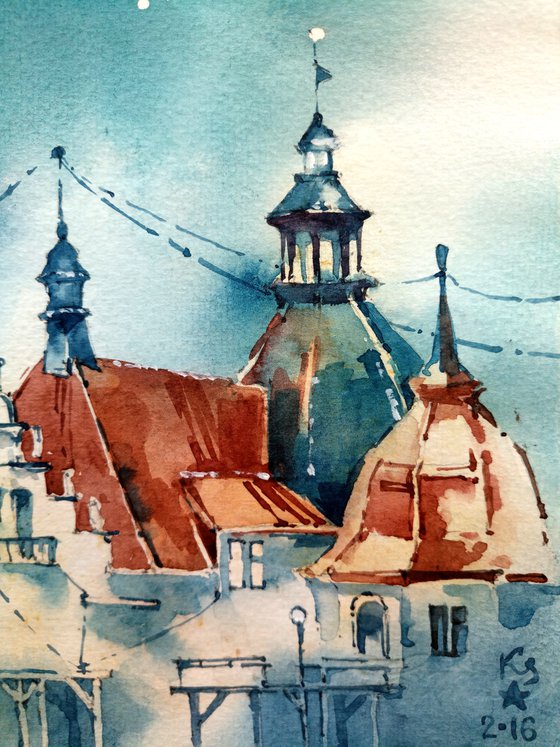 "Roofs of the Evening City" original watercolor fairy tale