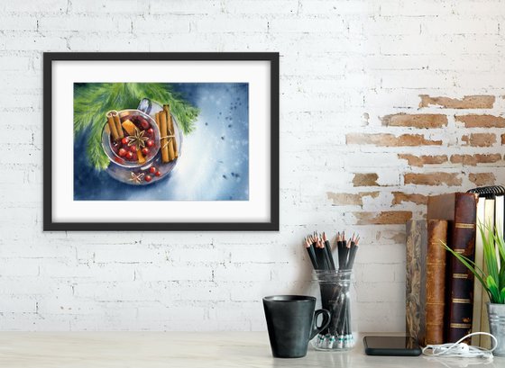 Fragrant mulled wine. Christmas still life. Original watercolor artwork.