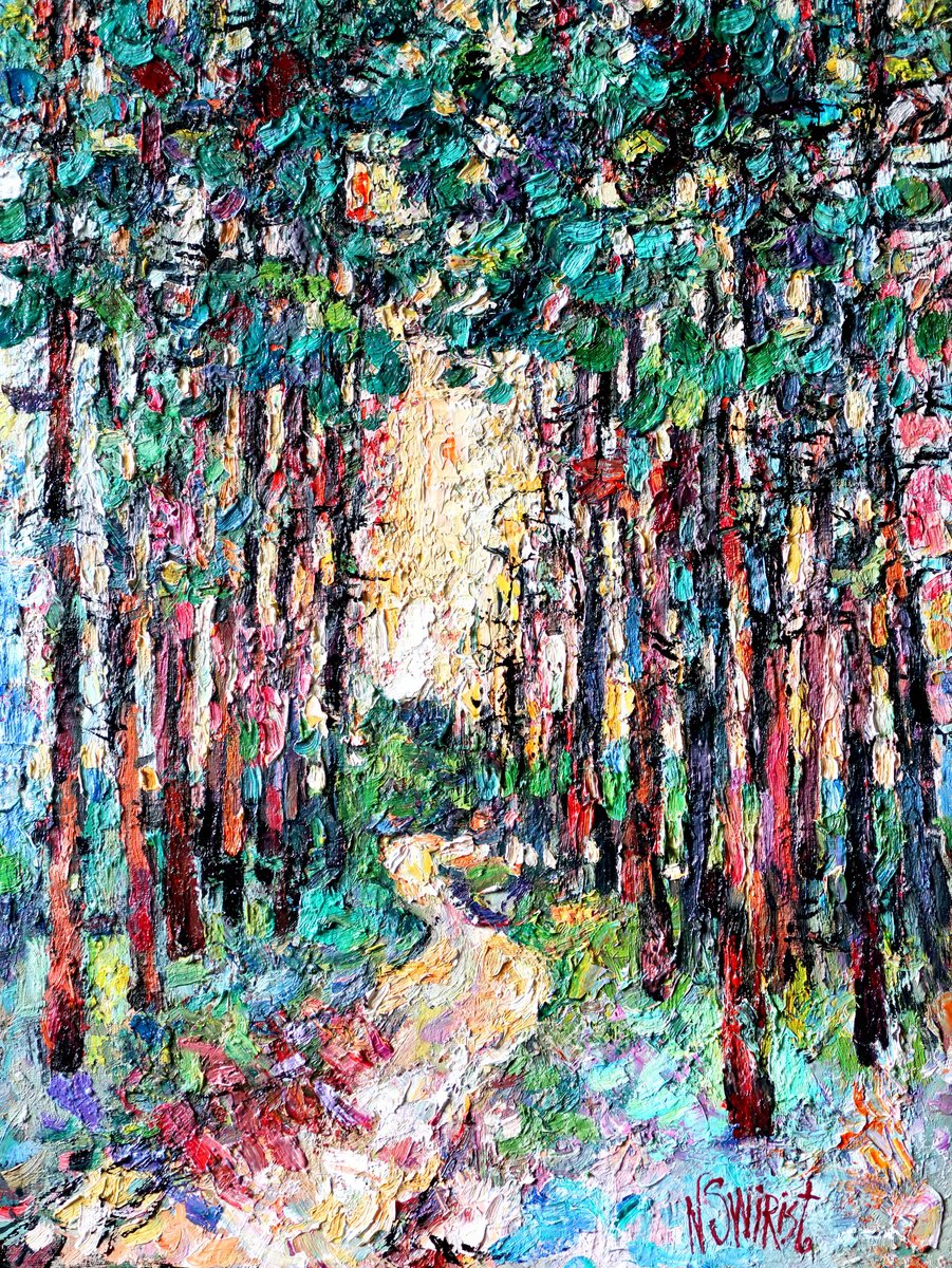 Impressionistic Landscape Oil Painting By Nikifor Swiristuhin, 16 X 21", Walk. Pines. Sun., Original Artwork