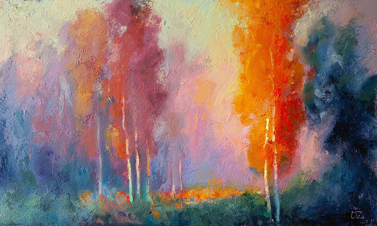 Impressionistic Landscape Oil Painting By Daria Zavadenko, 20 X 12, Fire And Mist, Original Artwork