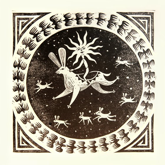 Hare and Sun, Celestial Linocut block Art Print