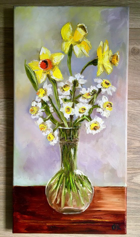 Bouquet of Daffodils  #6 on wooden  table, still life inspired by spring in a glass.