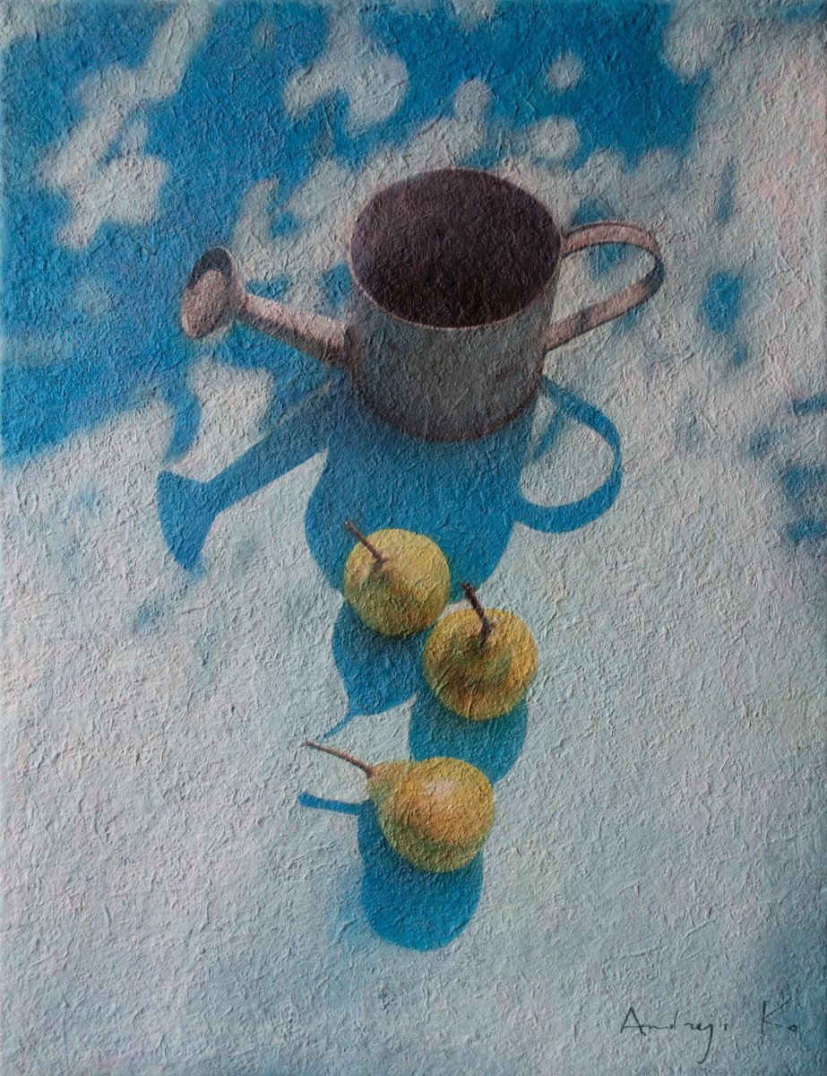 Impressionistic Still Life Acrylic Painting By Andrejs Ko, 20 X 26, The Watering Can And Pears., Original Artwork