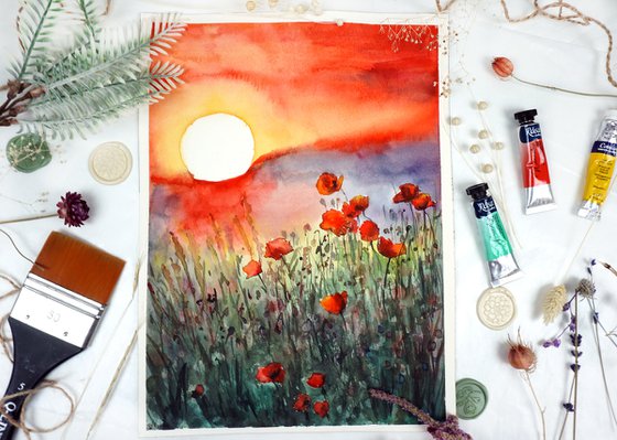 ORIGINAL Watercolor Field of Poppy Flowers - Red Poppies Landscape in Sunset - Nature Art