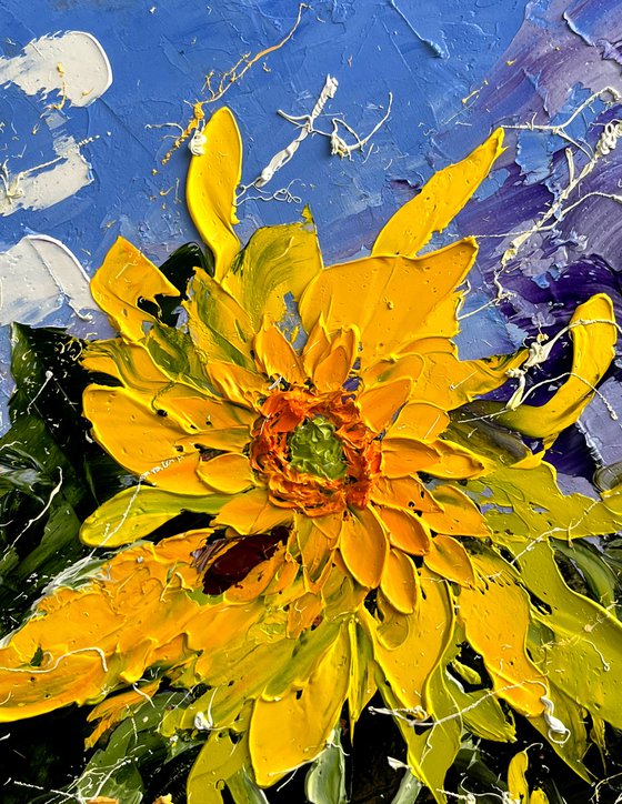 Sunflower Painting Floral Original Art Flower Small Oil Impasto Palette Knife Artwork 8 by 10 inches