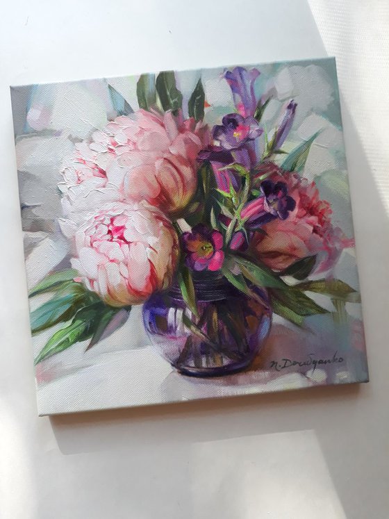 Bluebell and peonies flowers in purple glass vase, floral oil painting on canvas