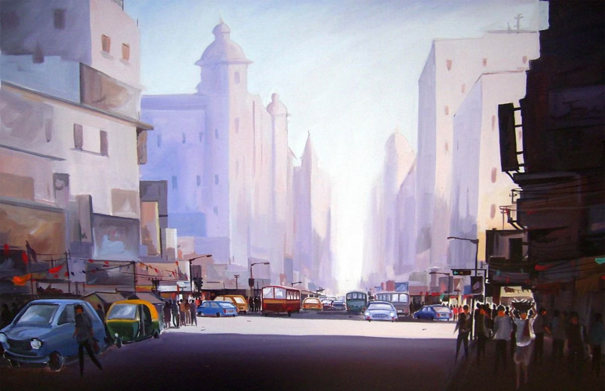 Early Morning  Street Light - Acrylic on Canvas by Samiran Sarkar