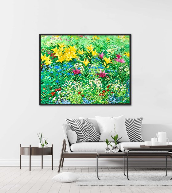 Abstract flowers painting, summer garden wall art, Impressionism painting