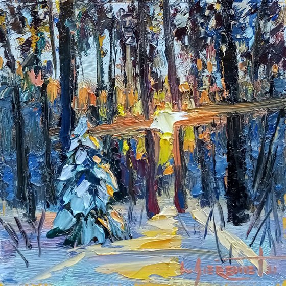 Sunset in a Winter Forest Small Oil Painting Original,Ready to Hang