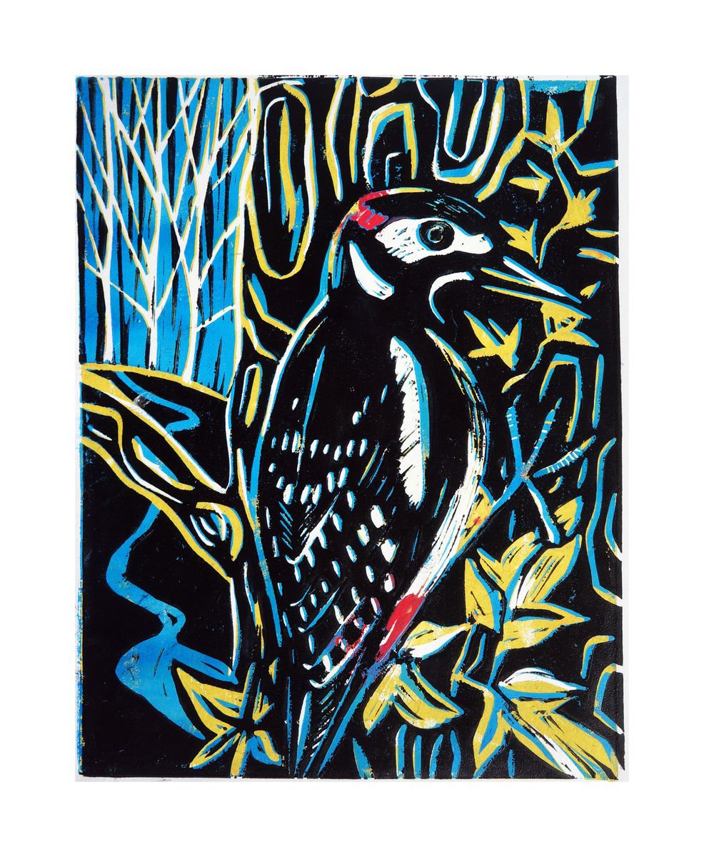 Great Spotted Woodpecker - Hand finished Linocut by Julia Rigby