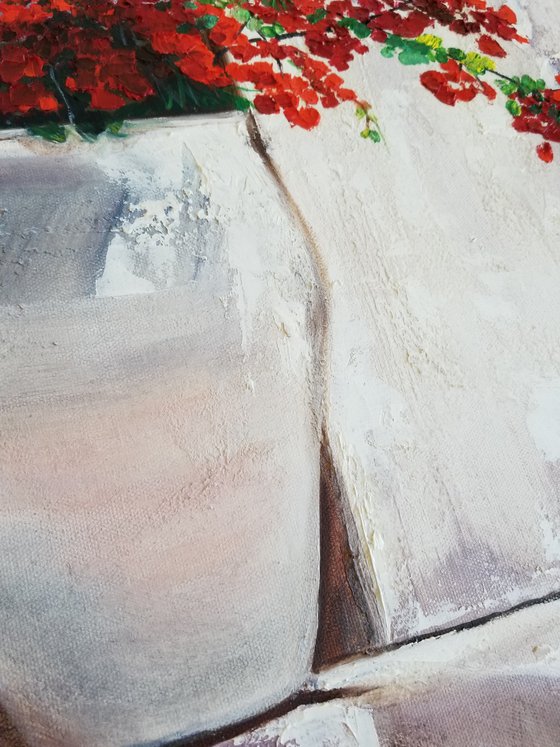 Red Flowers in a Vase. Bougainvillea. Gorgeous Spanish Landscape. Summer Day. Spectacular Oil Painting on Canvas. Home Decor. Floral Oil Painting. Room Accent.