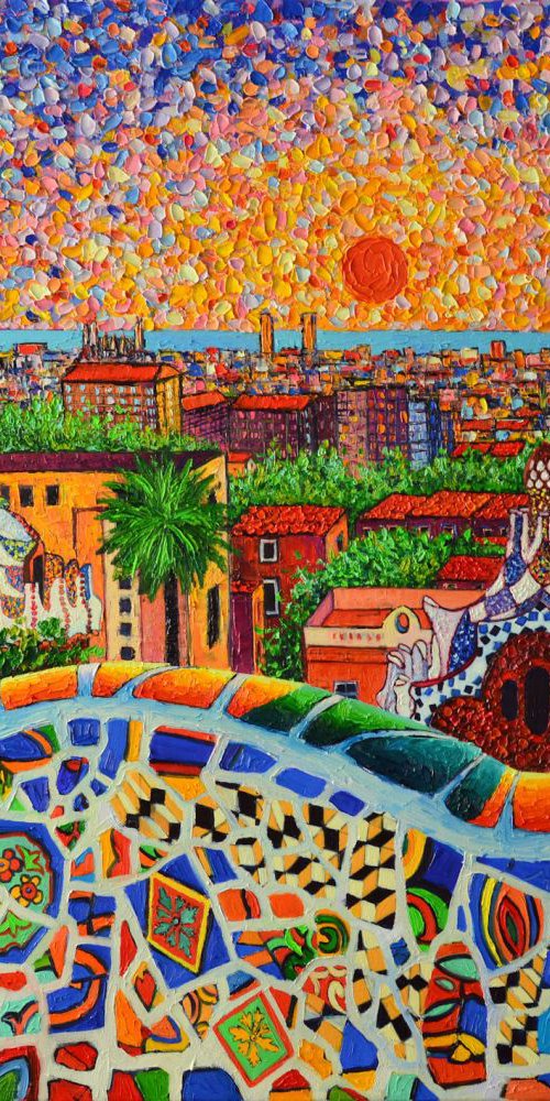 BARCELONA PANORAMIC VIEW FROM PARK GUELL - large palette knife oil painting on linen 90x75 cm by ANA MARIA EDULESCU