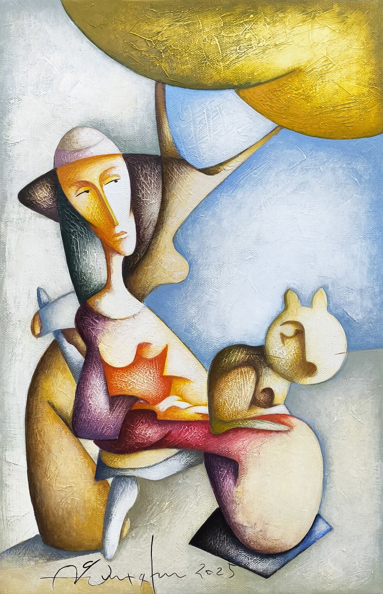 Naive Portrait Acrylic Painting By Sargis Zakarian, 12 X 20", In The Arms Of Memory, Original Artwork