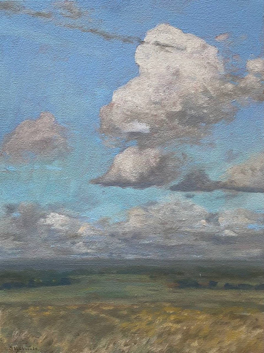 Impressionistic Landscape Oil Painting By Bohdan Vykhrenko, 12 X 16, Summer Clouds, Original Artwork