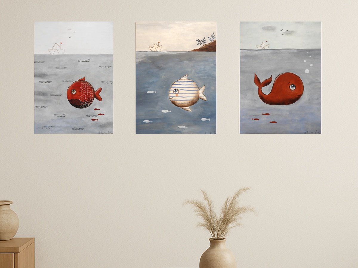 Illustrative Animal Oil Painting By Silvia Beneforti, 8 X 12", Fish, Set Of 3, Original Artwork