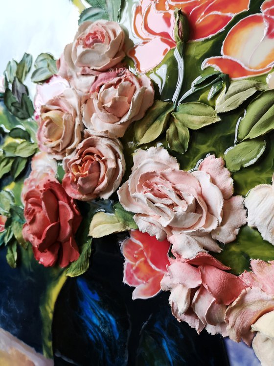 Renoir roses - are beautiful flowers that have turned from a painting into a bas-relief, 100x70x6 cm deep.