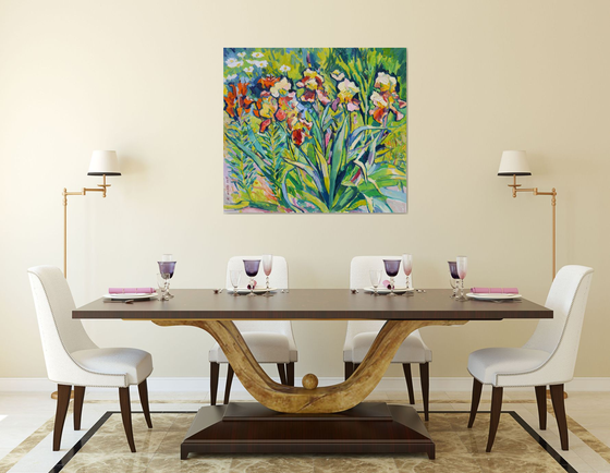 Irises and orange lilies