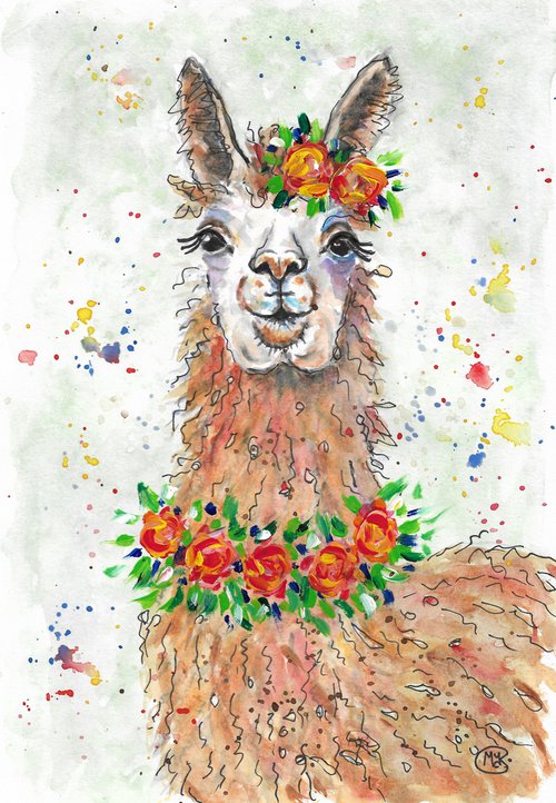 Cute Alpaca with flowers by MARJANSART
